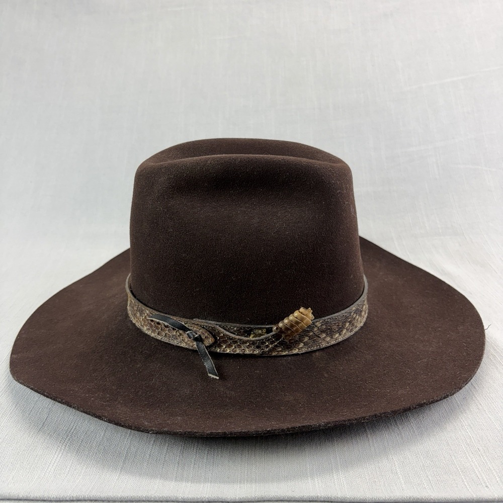 Vintage Brown Felt Western Cowboy Hat Rattle Snake Hatband Size 7 5/8 XL 24"